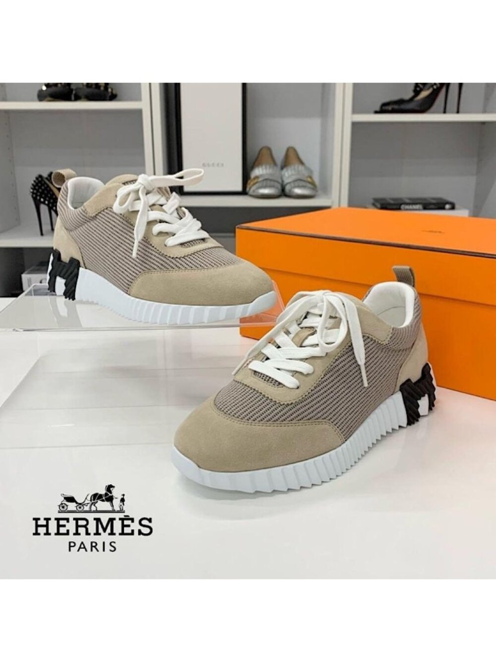 Hermes Bouncing Fabric Suede Sneakers Beige